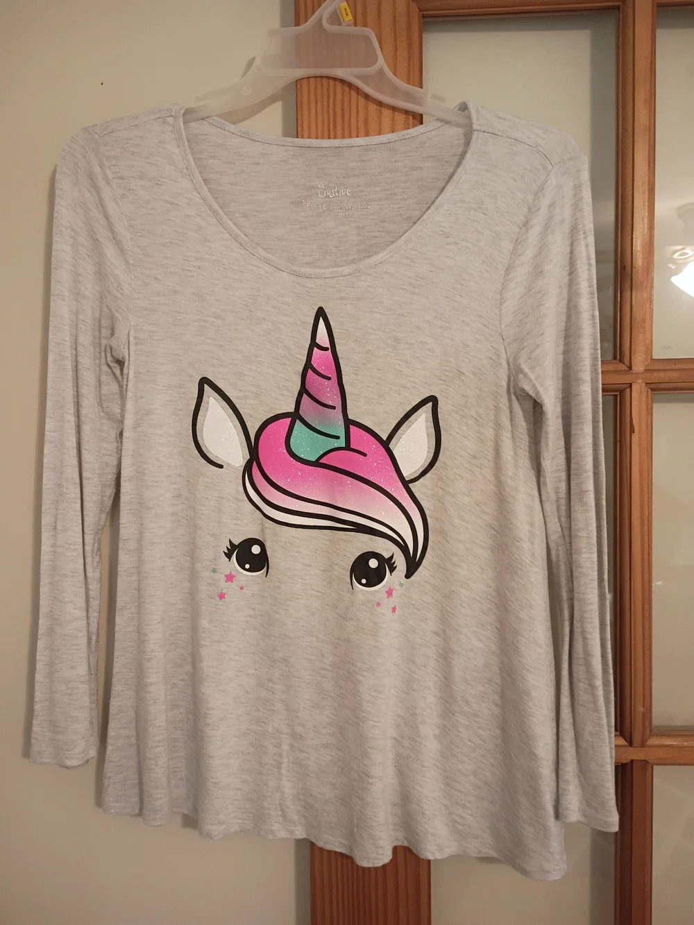 Justice Light Heather Gray Long-Sleeve Unicorn Tee with Pink & Teal Accent